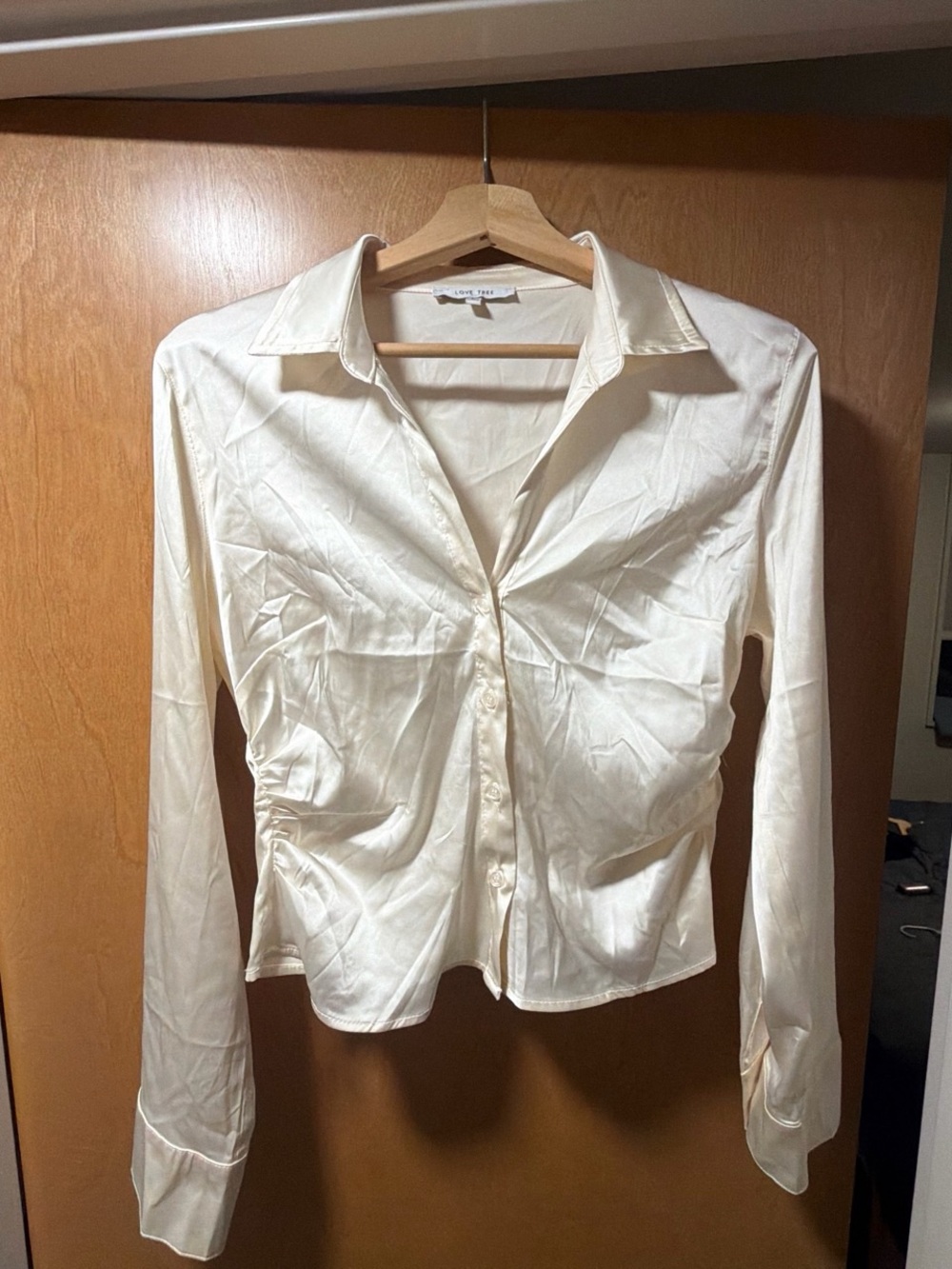 Satin Cream Button-Front Long Sleeve Shirt